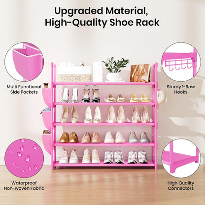 VILICK 5 Tier Shoe Rack with Hook and Side Pocket,Shoe Organizer Space Saver Storage for 20-25 Pair Shoe Storage Shelf Sturdy Free Standing Long Shoe Rack Organizer for Closet,Entryway,Small Spaces
