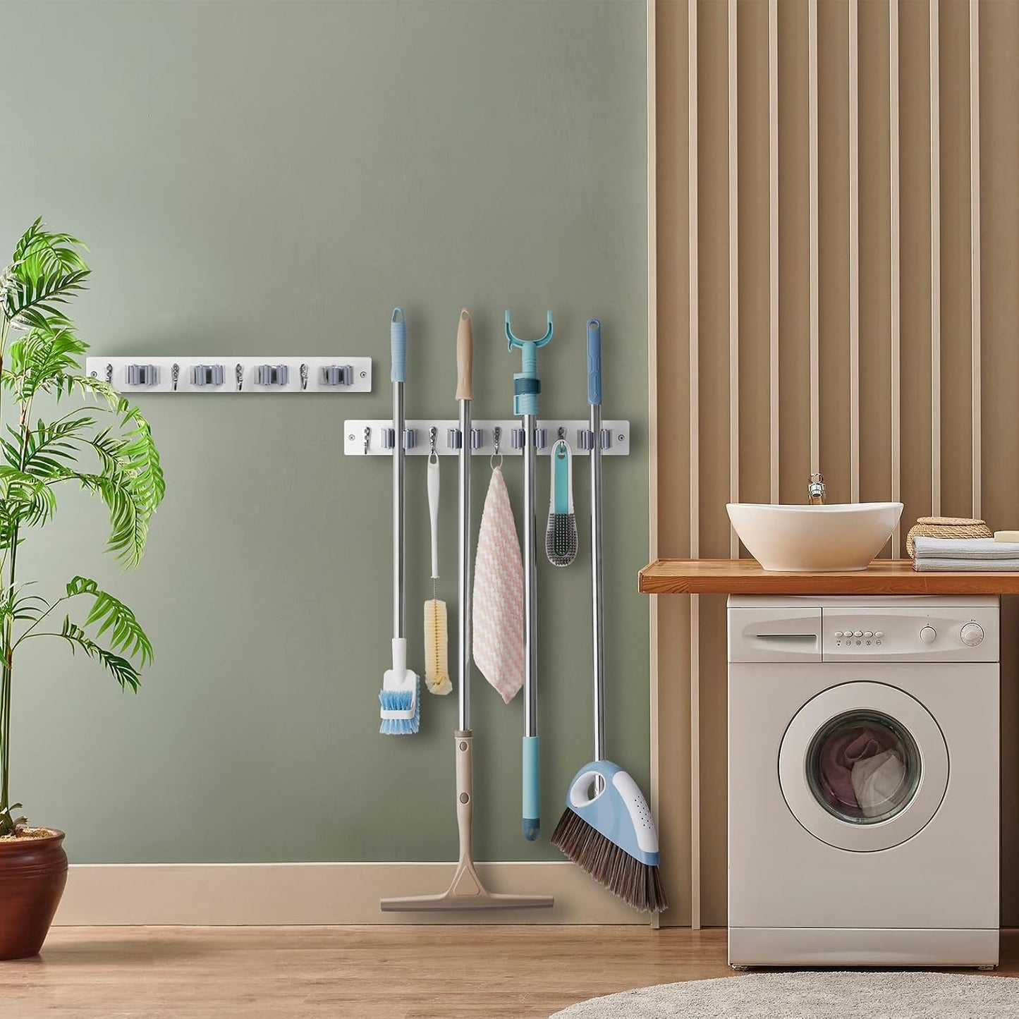 OUTNILI Mop and Broom Holder Wall Mount - Wood Broom Mop Hanger - Wall Mounted Garden Tool Rack Organizer for Closet Garage Laundry Room for Rustic Kitchen Decor With 5 Slots & 4 Hooks