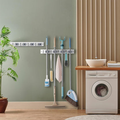 OUTNILI Mop and Broom Holder Wall Mount - Wood Broom Mop Hanger - Wall Mounted Garden Tool Rack Organizer for Closet Garage Laundry Room for Rustic Kitchen Decor With 5 Slots & 4 Hooks