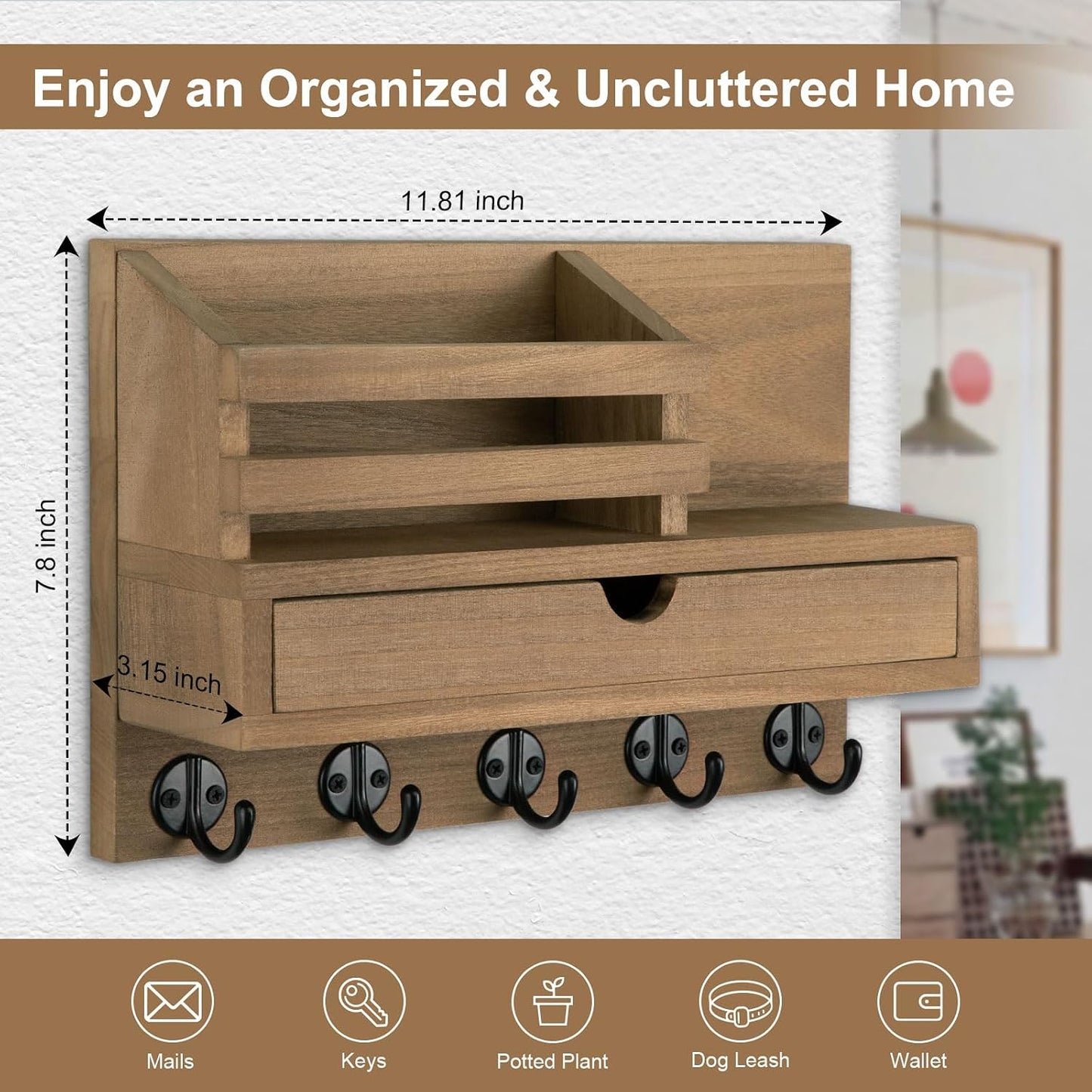 Key Holder Wall Mount, Mail Holder with Storage Drawer and 5 Key Hooks for Coat, Dog Leash, Home Decor Rack, House Accessories, Entry Way Organizer