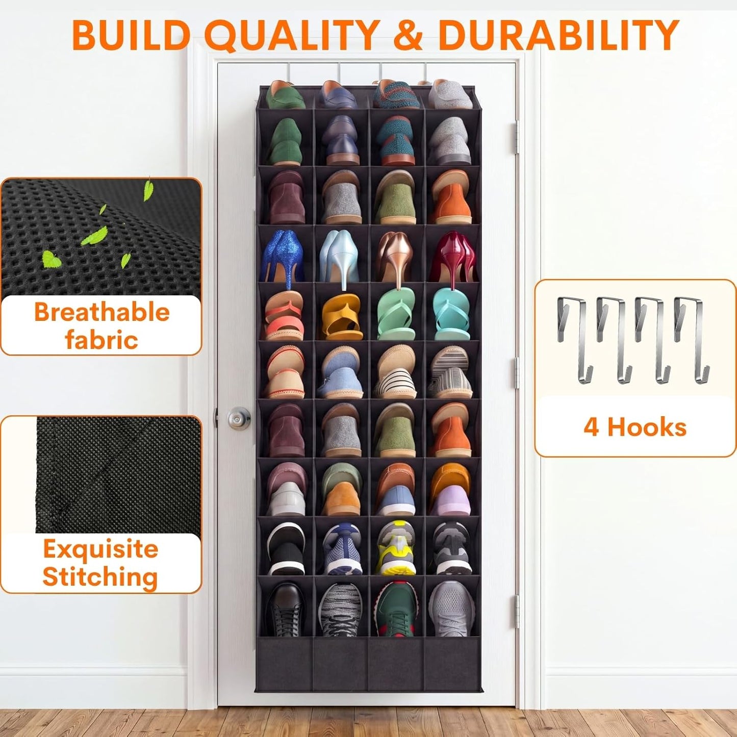 Ofiray-home 30-40 Pairs Over the Door Shoe Organizer | Large & Deep Pockets, Fits Boots, Sneakers or Larger Shoes, Space-Saving Hanging Shoe Rack