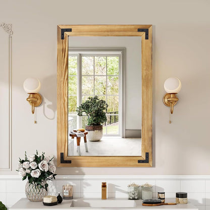 55"x22" Full Length Mirror with Wooden Frame，Natural Wooden Standing Mirror, Solid Wood Frame, Hanging or Leaning Wall-Mounted, Suit for Farmhouse, Living Room, Bedroom (Light Brown)