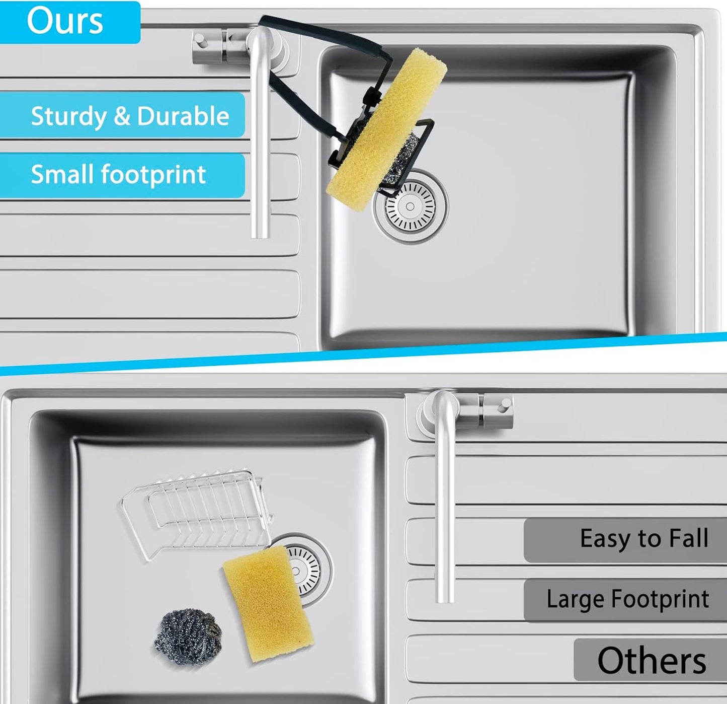 Sink Caddy Sink Sponge Holder - Faucet Rack Shower Tray - Kitchen and Bathroom Metal Organizer Hanging Fix Around Faucet