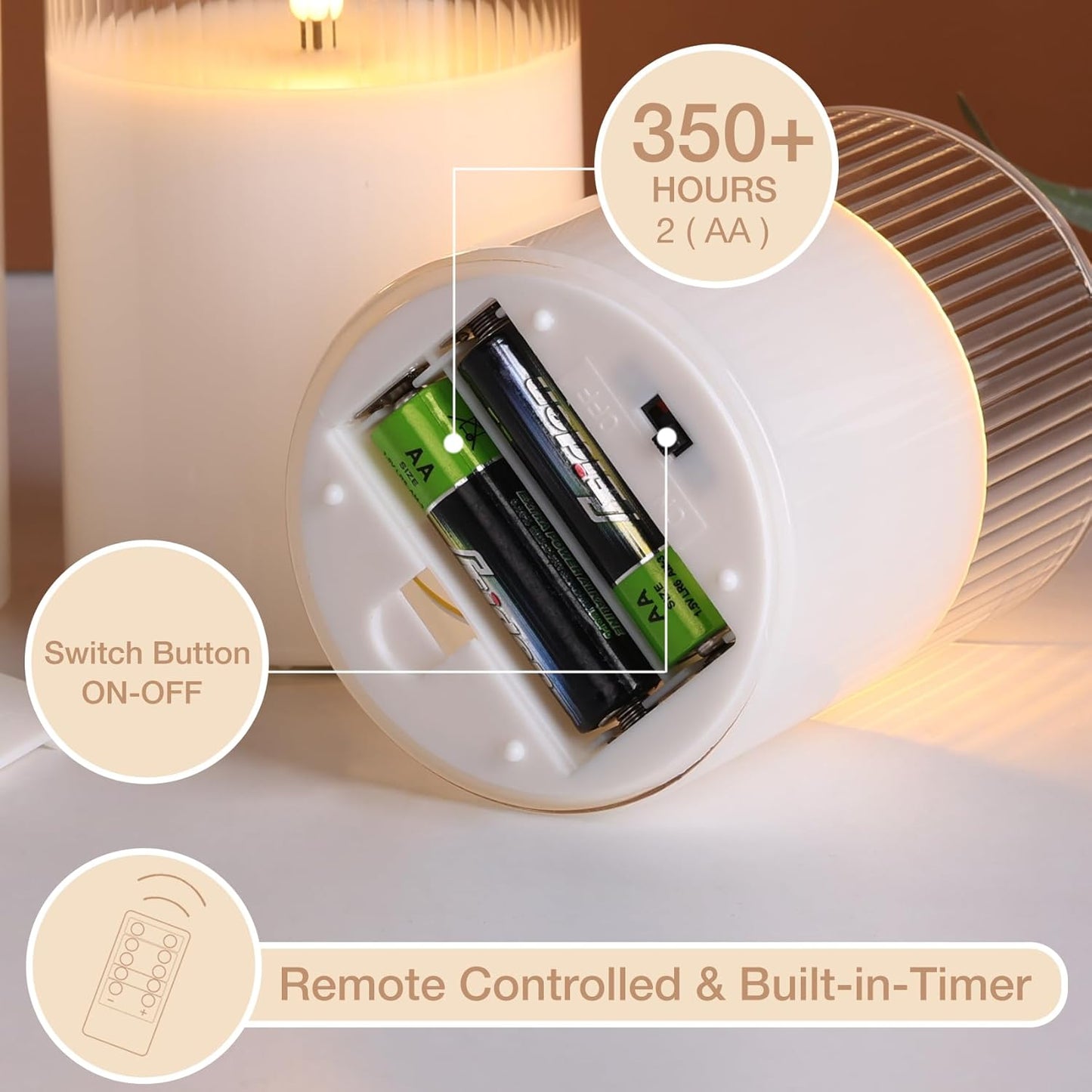 Eywamage Smoke Grey Ribbed Glass Flameless Pillar Candles with Remote, Flickering LED Wax Candles Battery Operated Set of 3