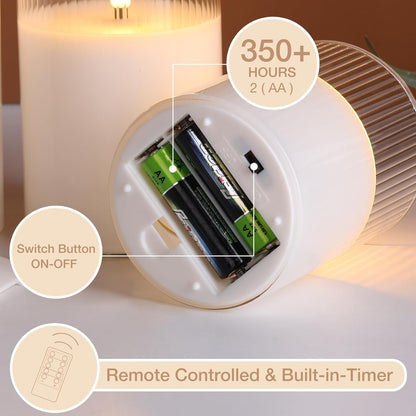 Eywamage Smoke Grey Ribbed Glass Flameless Pillar Candles with Remote, Flickering LED Wax Candles Battery Operated Set of 3