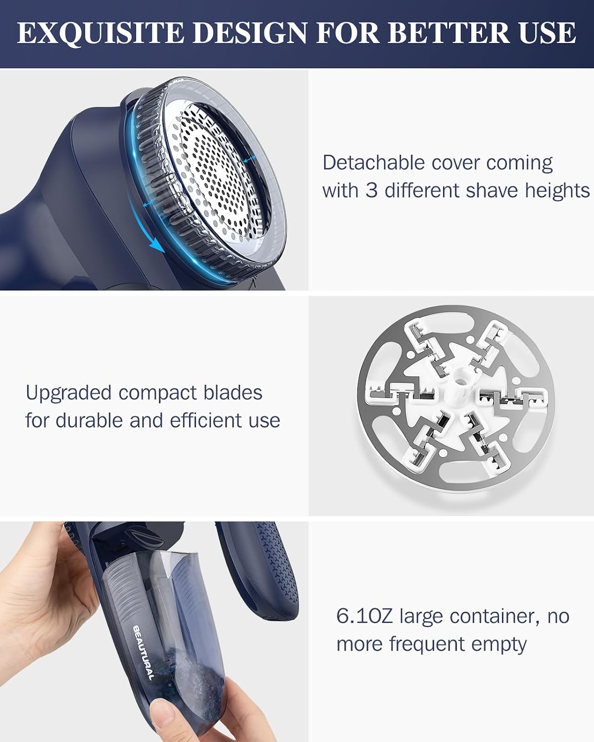 BEAUTURAL Fabric Shaver and Lint Remover, Sweater Defuzzer with 2-Speeds, 2 Replaceable Stainless Steel Blades, Battery Operated, Remove Clothes Fuzz, Lint Balls, Pills, Bobbles Gray