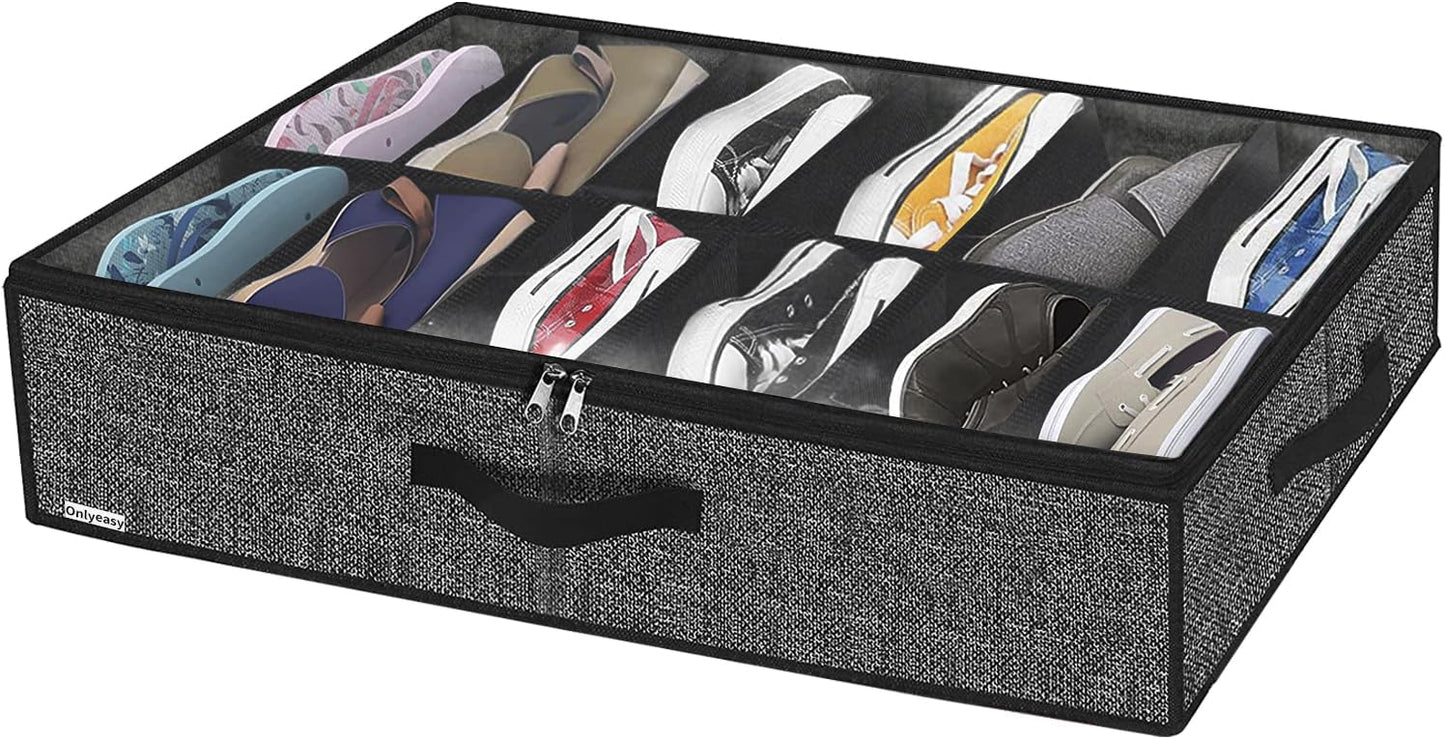 Onlyeasy Sturdy Under Bed Shoe Storage Organizer, Set of 2, Fit 12 to 24 Pairs, Underbed Shoes Closet Storage Solution with Clear Window, Breathable, L29.3 x W23.6 x H5.9, Linen-like Black, MXAUBSB2P