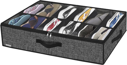 Onlyeasy Sturdy Under Bed Shoe Storage Organizer, Set of 2, Fit 12 to 24 Pairs, Underbed Shoes Closet Storage Solution with Clear Window, Breathable, L29.3 x W23.6 x H5.9, Linen-like Black, MXAUBSB2P