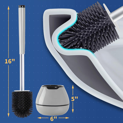 BOOMJOY Toilet Brush and Holder Set, Silicone Toilet Bowl Cleaner Brush, Bathroom Cleaning Bowl Kit with Tweezers, Bathroom Accessories with Aluminum Handle - White