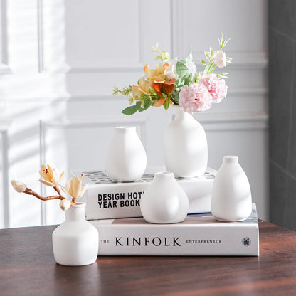 White Bud Vases, Ceramic Small Vase Set of 5, Mini Vases for Fresh and Dried Flowers, Modern Home Decor, Pottery Centerpiece Table Decorations