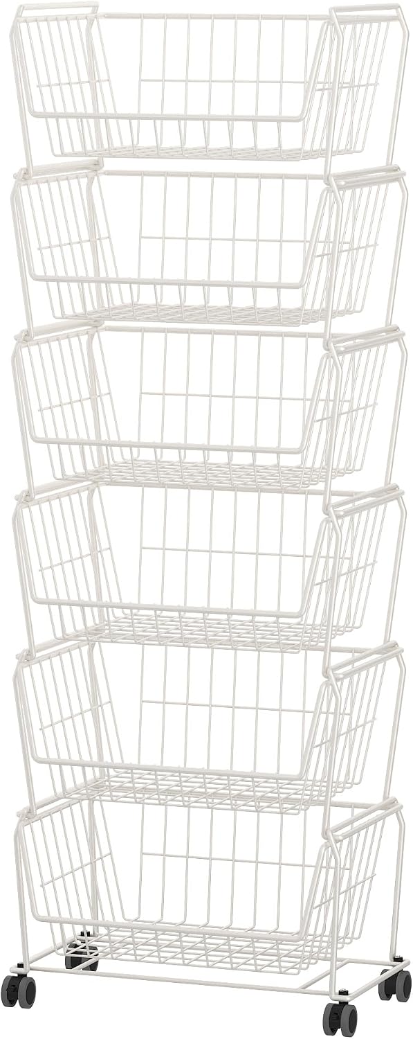 PUSDON 6-Tier Tall Stackable Wire Storage Baskets with Wheels, Vertical Metal Rolling Utility Cart, High Capacity Produce Basket for Kitchen Pantry, Snack Organizer, Matte Black