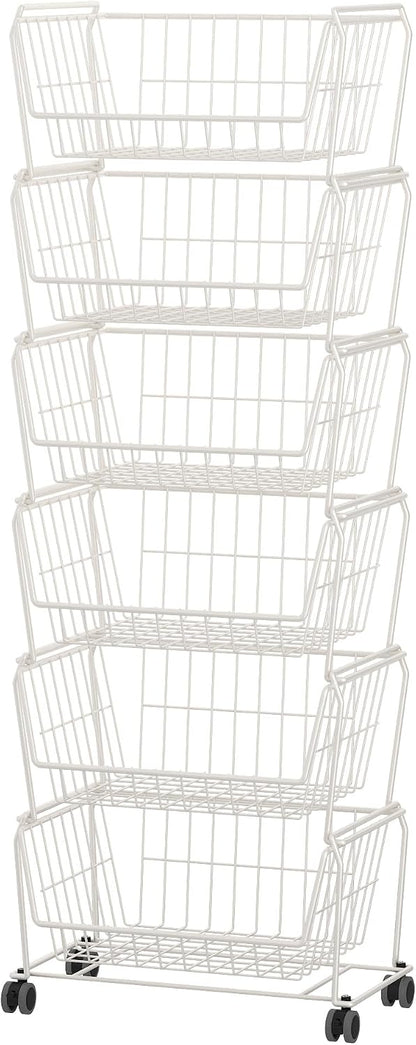 PUSDON 6-Tier Tall Stackable Wire Storage Baskets with Wheels, Vertical Metal Rolling Utility Cart, High Capacity Produce Basket for Kitchen Pantry, Snack Organizer, Matte Black