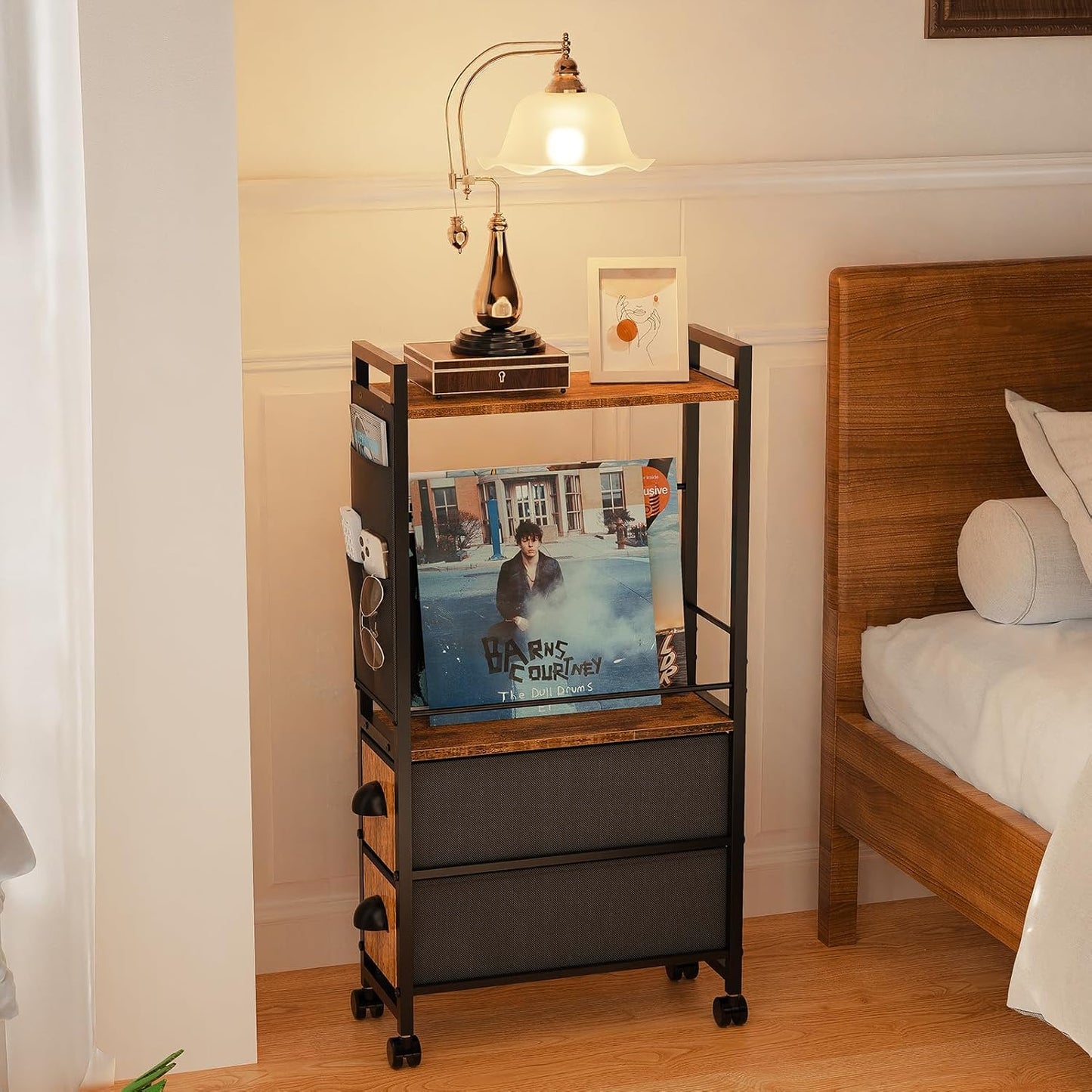 Oppro Small Narrow Side End Table, 2 Drawer Slim Nightstand Bedside Sofa Table with Wheels, Space Saving Rolling Skinny Thin Desk with Storage Bag for Bedroom Living Room Couch Bathroom Dorm