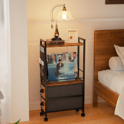 Oppro Small Narrow Side End Table, 2 Drawer Slim Nightstand Bedside Sofa Table with Wheels, Space Saving Rolling Skinny Thin Desk with Storage Bag for Bedroom Living Room Couch Bathroom Dorm