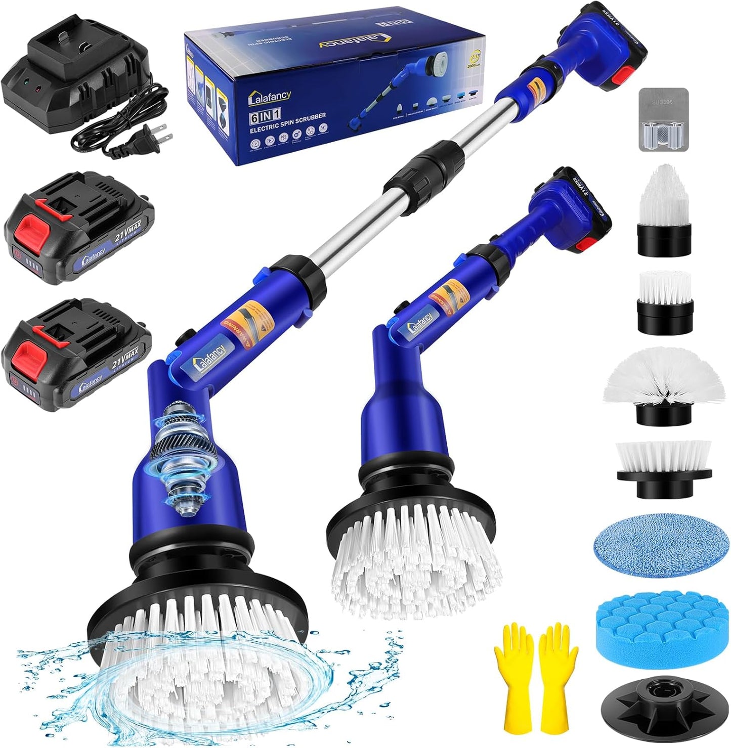 2 Batteries Electric Cleaning Brush for Bathroom, 1200RPM Power Cordless Spin Scrubber with 6 Replaceable Brush Heads and Telescopic Handle, 2 Speeds for Shower Bathtub Kitchen Window Car