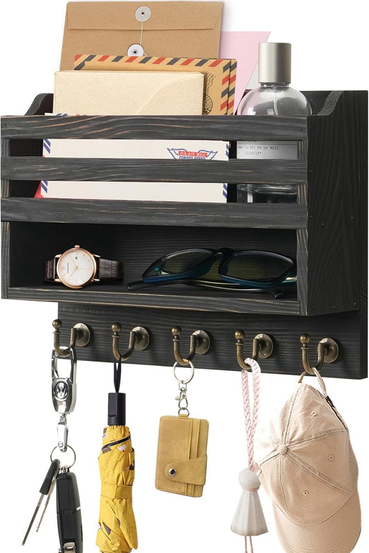 Mail and Key Organizer for Wall – Key Holder Wall Mount with Storage Box and 5 Key Hooks, Mail Holder Wall Mounted for Entryway, Apartment, Office, Home Decor Organization (Brown)