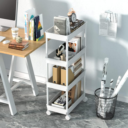 Sooyee 3 Tier Rolling Cart with Wheels, Slim Storage Cart, Under Desk Narrow Rolling Utility Cart Storage Organizer for Office Bathroom Kitchen Laundry Room Narrow Places, White, Plastic and Metal