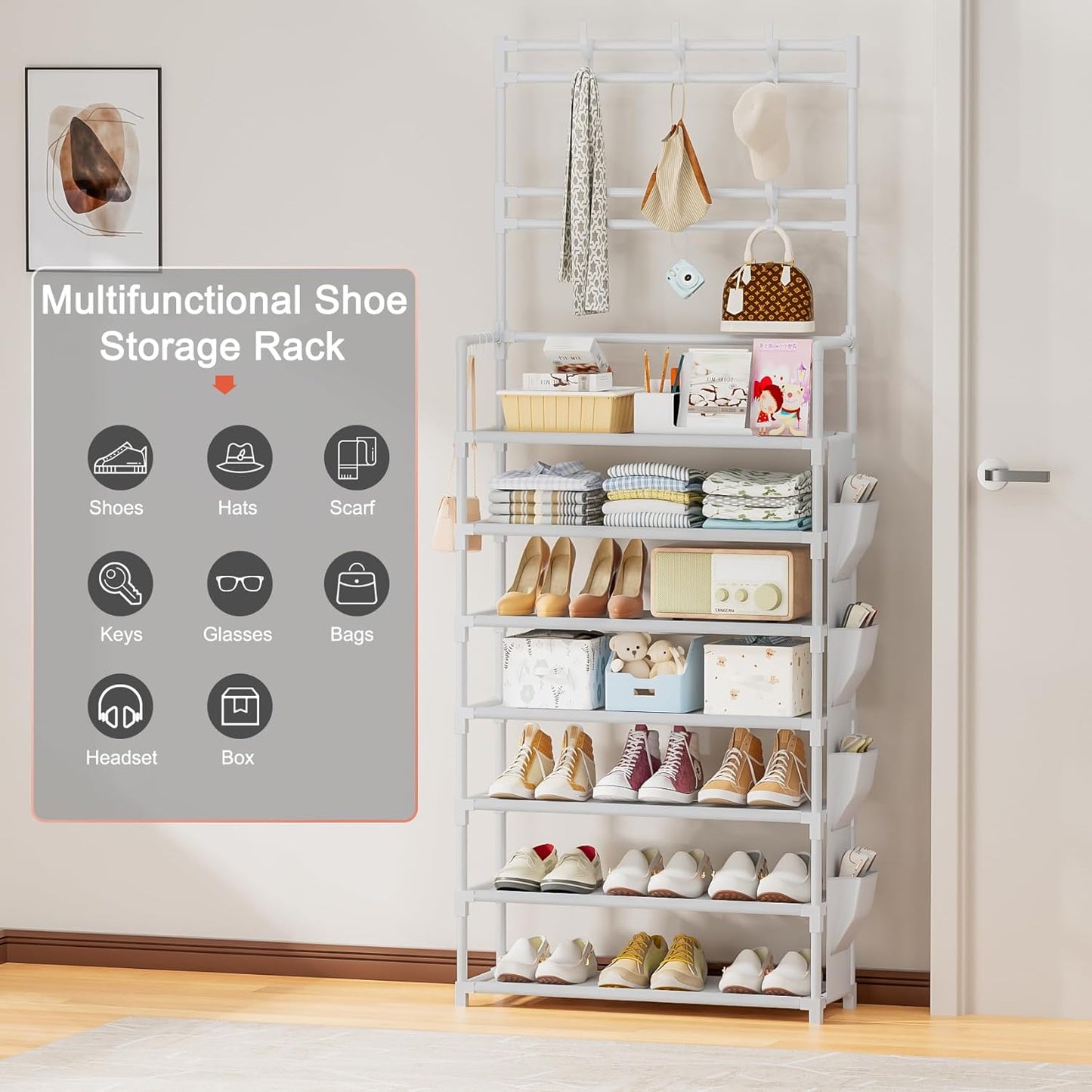 OYREL Shoe Rack 5 Tier Shoe Organizer Storage 15-20 Pairs Shoes Rack for Closet Entrance Shoe Rack Organizer with Hooks and Side Pocket Entryway Shoe Holder Space Saving Free Standing Shoe Racks
