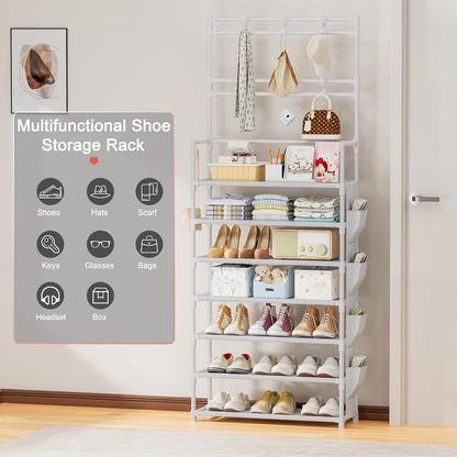 OYREL Shoe Rack 5 Tier Shoe Organizer Storage 15-20 Pairs Shoes Rack for Closet Entrance Shoe Rack Organizer with Hooks and Side Pocket Entryway Shoe Holder Space Saving Free Standing Shoe Racks