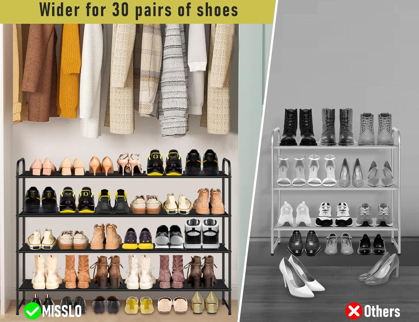 MISSLO 3-Tier Long Shoe Rack for Closet Shoe Organizer for Closet Floor Entryway Storage Stackable Wide Shoe Shelf Stores 24 Pairs of Men Sneakers, Black
