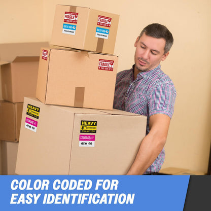 Moving Labels (3 x 2 inch, 300 per Pack) Ideal for 1-2 Bedroom Homes - 10x Designs of Color-Coded Moving Stickers w/Write-in Area, Fragile, Heavy & Blank Labels