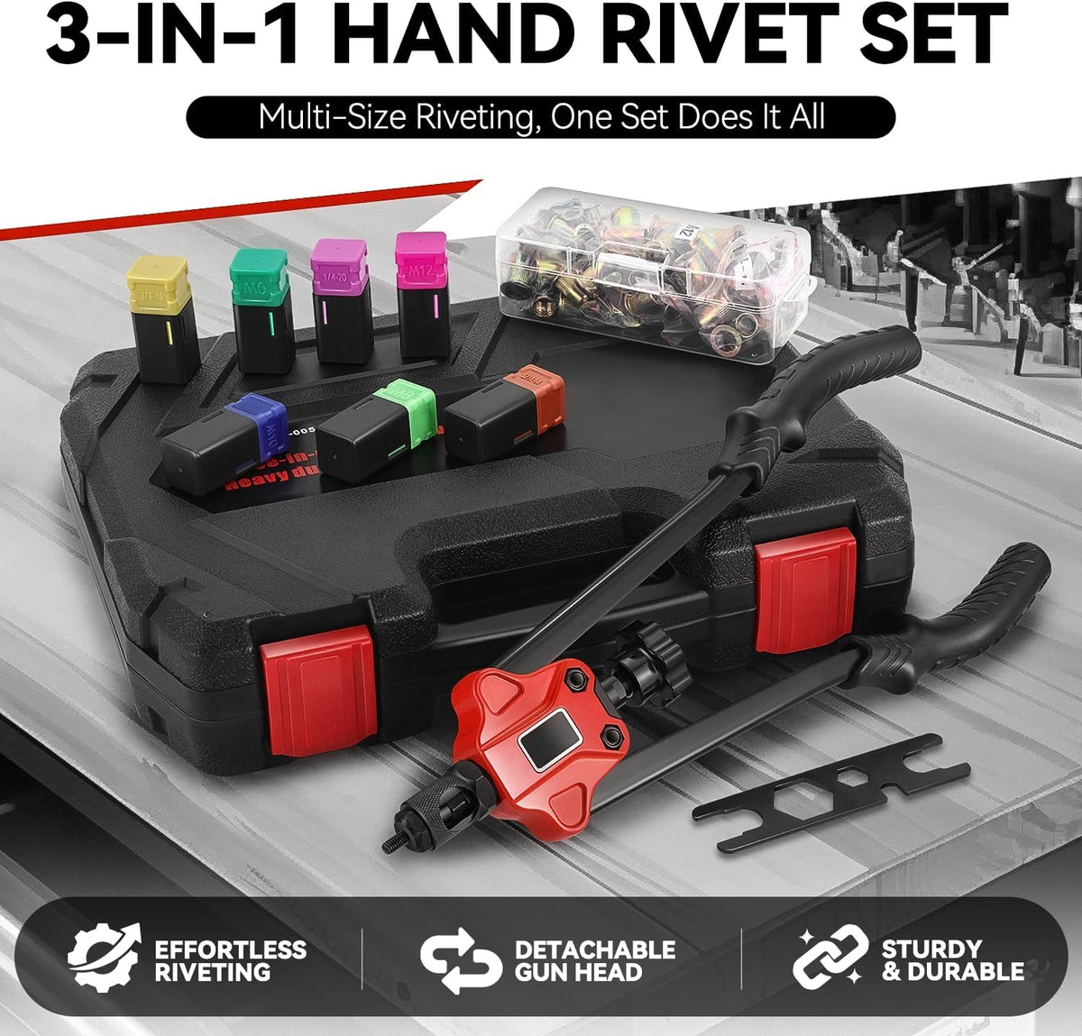 Auto Dynasty 21" Hand Riveter Rivet Nut Tool Set with 5 Guide Nozzle Silver Repair Hand Tool Kit Set for Home Household Office Warehouse