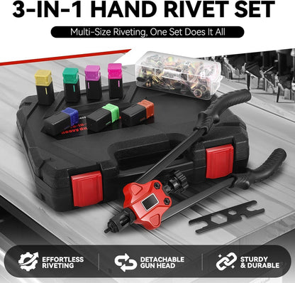 Auto Dynasty 21" Hand Riveter Rivet Nut Tool Set with 5 Guide Nozzle Silver Repair Hand Tool Kit Set for Home Household Office Warehouse