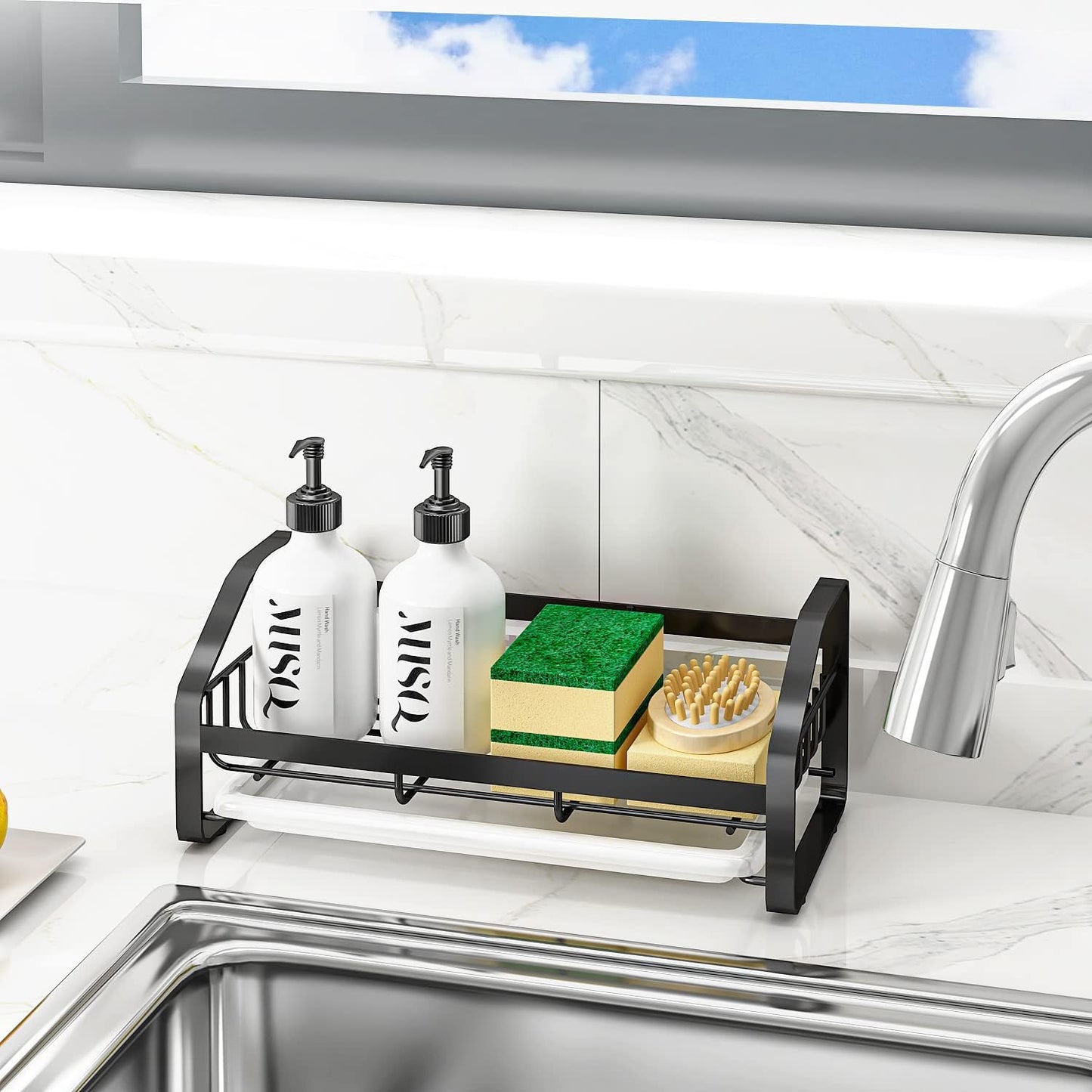 BSKSSK Sink Caddy,Sponge Holder for Kitchen Sink, Kitchen Bathroom Sink Organizer,304 Stainless Steel Kitchen Countertop Organizer Soap Tray with Removable Drain Tray Length Version - Silver