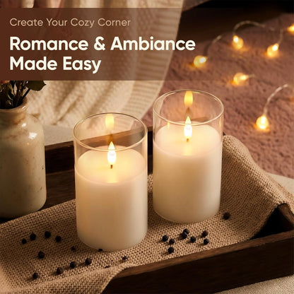 Amagic Clear Glass Flameless Candles Battery Operated with Timer, Remote Control, LED Pillar Candles, Battery Powered, Valentine's Day Decor, Pure White Wax, Set of 3
