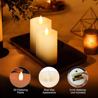 3x4 Flickering Flameless Candles Set of 3,Real Wax Pillar LED Candles,with Timer,4 inch Flameless Candles with Remote,for Party Wedding Holiday Home Decor,Ivory