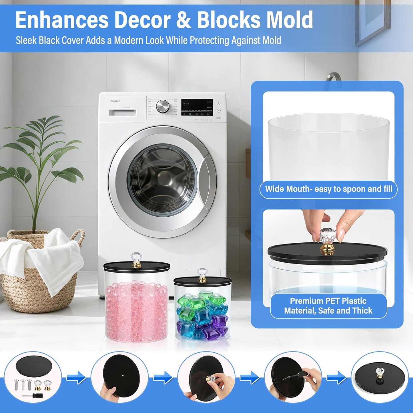 Laundry Detergent Dispenser Set, 2 Pack Large and Small Acrylic Containers with Bamboo Stands, 1.25 Gallon Total, Laundry Room Organization