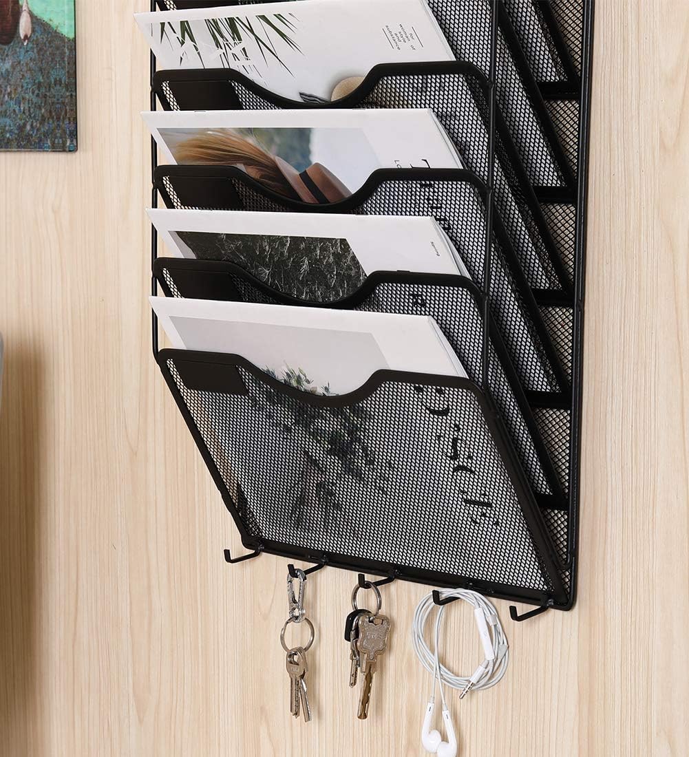 EasyPAG 5 Pocket Mesh Wall File Organizer with Key Hooks, Hanging Paper Folder Holder with Classify Label, Vertical Wall Mount Mail Organizer for Office Home Classroom, Black