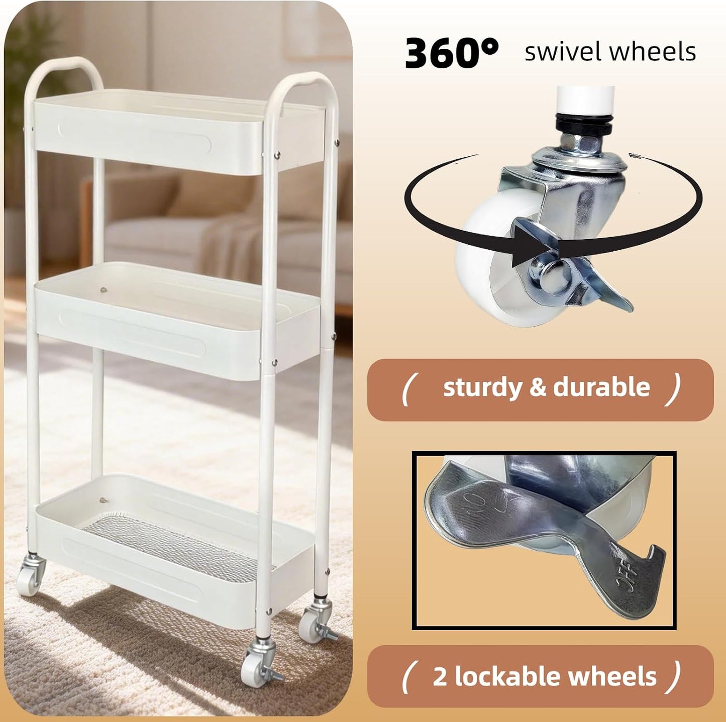 3 Tier Slim Metal Rolling Storage Cart for Laundry Room & Kitchen Organizer, 7.1'' Thin Standing Shelf for Narrow Spaces, Utility Cart with Wheels & Lockable Casters for Bathroom, Black