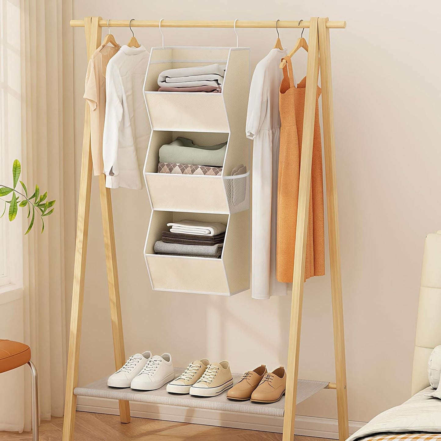 Hanging Closet Organizer 4 Shelf Collapsible Bedroom Closet Organizers and Storage Hanging with Mesh Pockets for Clothes, Fabric Hanging Storage Bins for Wardrobe Closet Organization and Storage, Grey