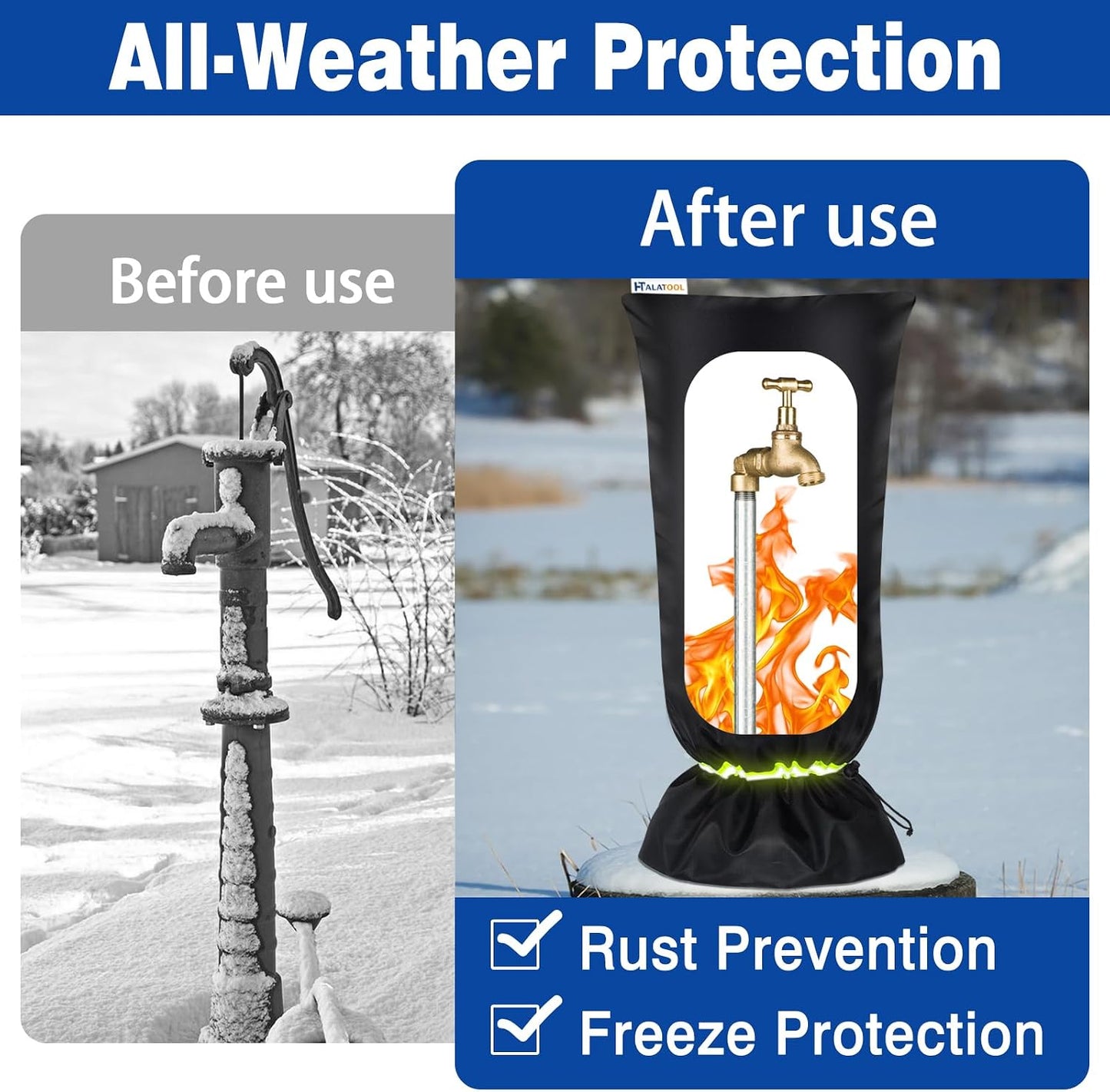 Halatool Thicken Outdoor Faucet Covers for Winter Freeze Protection, 6.7"x8.3" Insulated Spigot Cover with Reflective Strips Freeze Proof Hose Bib Cover Waterproof Fits All Taps, 2 Pack