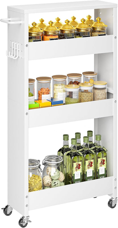 XYZLVSI Slim Storage Cart, Narrow Kitchen Rolling Cart for Small Spaces | 5.9" W skinny storage cart, 12.4" bottom metal utility cart with 360° swivel wheels for bathroom/laundry, slim shelf, white