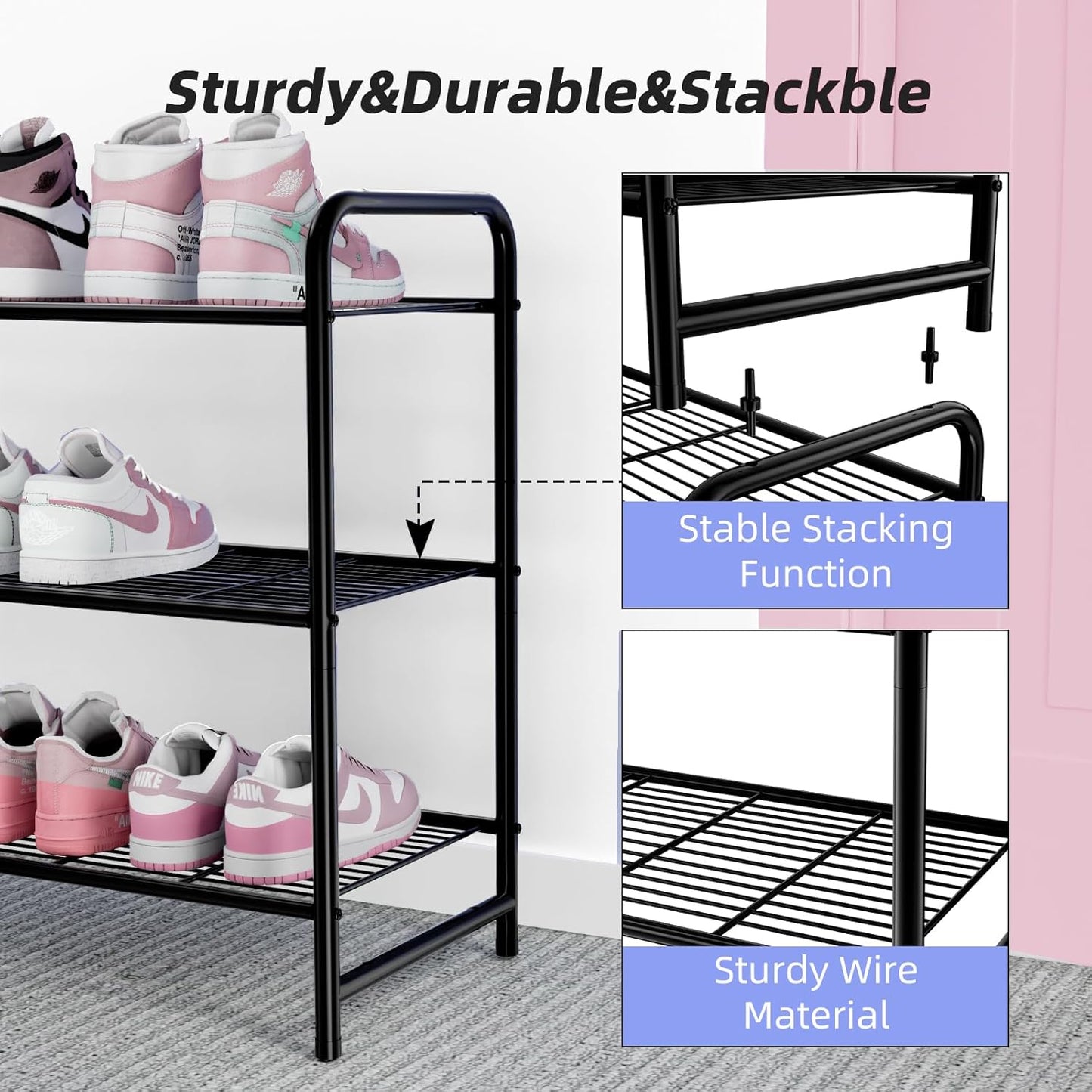 Ekisemio 3-Tier Long Metal Shoe Rack, Wide Stackable Shoe Organizer for Closet & Entryway, with Sturdy Wire Grid Storage Shelf for Bedroom, Black