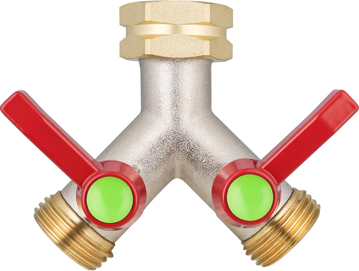 Hose Splitter 2 Way, High Flow Garden Hose Splitter, 3/4” Ght Inlet Brass Heavy Duty Hose Converter, Full Flow water 2 Way Faucet hose splitter, Long Handle Hose Valve Large Outlet.