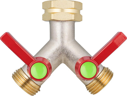 Hose Splitter 2 Way, High Flow Garden Hose Splitter, 3/4” Ght Inlet Brass Heavy Duty Hose Converter, Full Flow water 2 Way Faucet hose splitter, Long Handle Hose Valve Large Outlet.