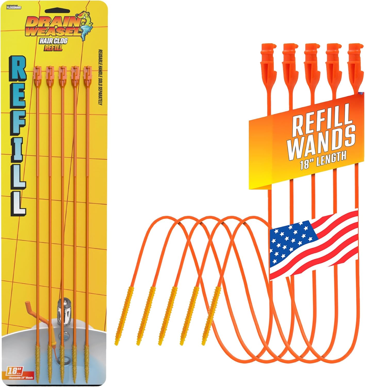 FlexiSnake Drain Weasel Refill - Sink Snake Hair Clog Remover Tool, Sink, Pipe, Bathroom, Bathtub Drain Cleaner, 18-inch Long Flexible Disposable Wands, Made in The USA, 10 Pack