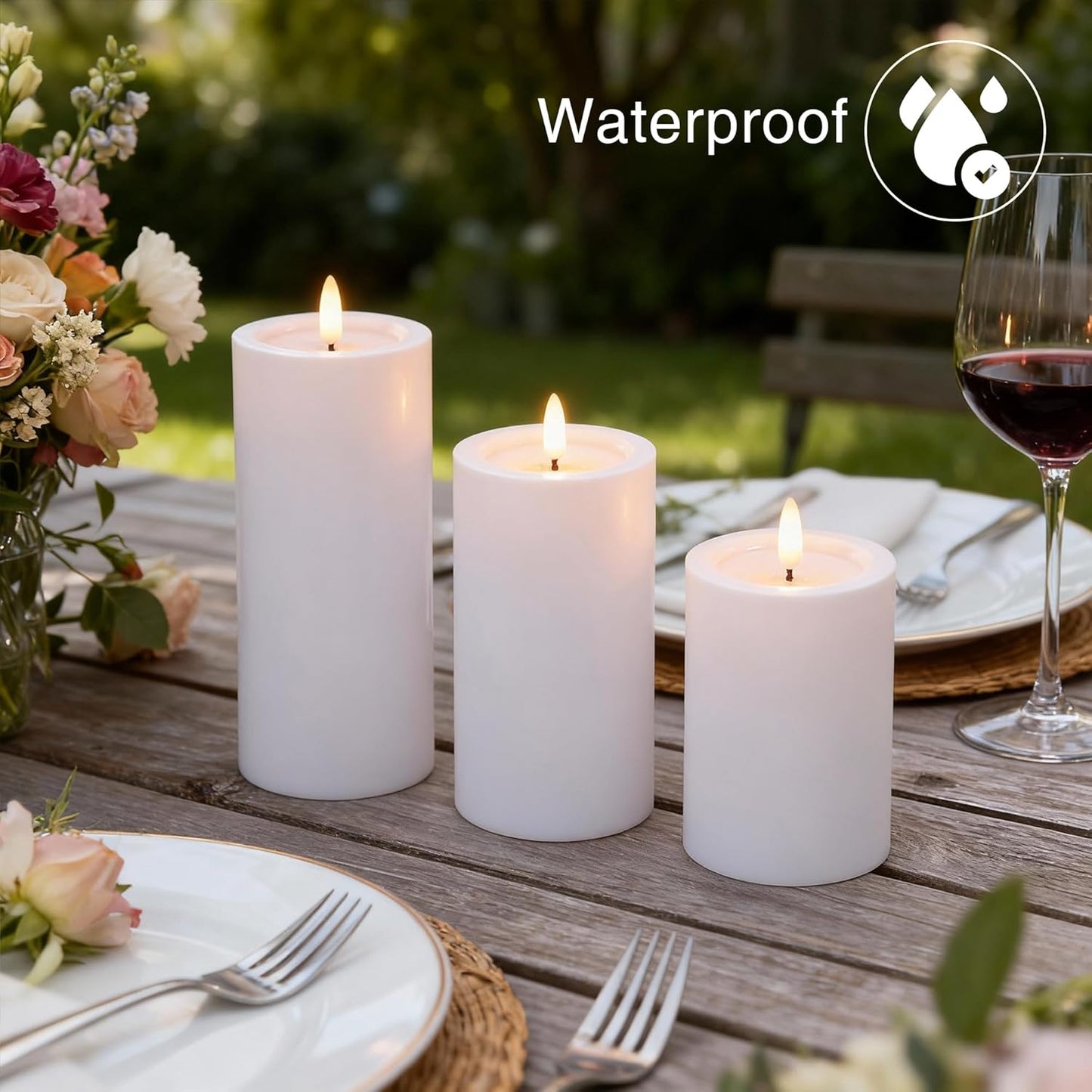 LUSHARBOR Outdoor Flameless Candles, Set of 3 Battery Operated Pillar Candles with Remote & Timer, 3" x4" 5" 6" Waterproof Plastic LED Candles for Patio Porch Garden Yard Candle Lantern Ivory