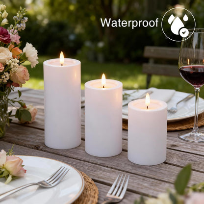 LUSHARBOR Outdoor Flameless Candles, Set of 3 Battery Operated Pillar Candles with Remote & Timer, 3" x4" 5" 6" Waterproof Plastic LED Candles for Patio Porch Garden Yard Candle Lantern Ivory