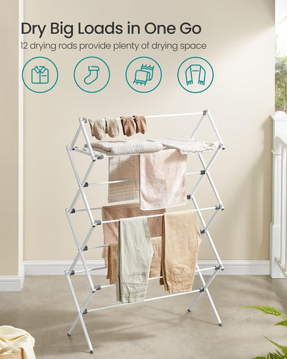 SONGMICS Foldable Clothes Drying Rack, Laundry Drying Rack, Clothes Airer, Steel Frame, 14.6 x 29.5 x 53.2 Inches, Easy Assembly, Indoor Outdoor Use, White ULLR770W01