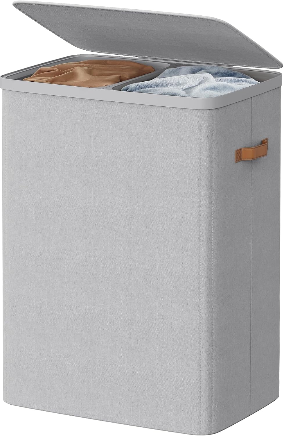 SONGMICS HOME Laundry Hamper with Lid, 2 Section Laundry Basket with Removable Liners and Handles, Foldable Clothes Sorter for Bedroom, Bathroom, Beige