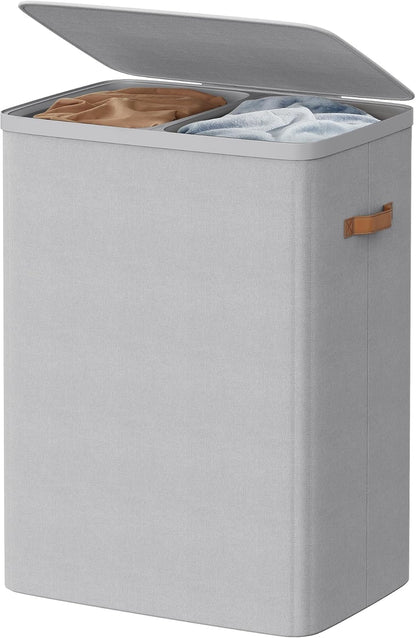 SONGMICS HOME Laundry Hamper with Lid, 2 Section Laundry Basket with Removable Liners and Handles, Foldable Clothes Sorter for Bedroom, Bathroom, Beige