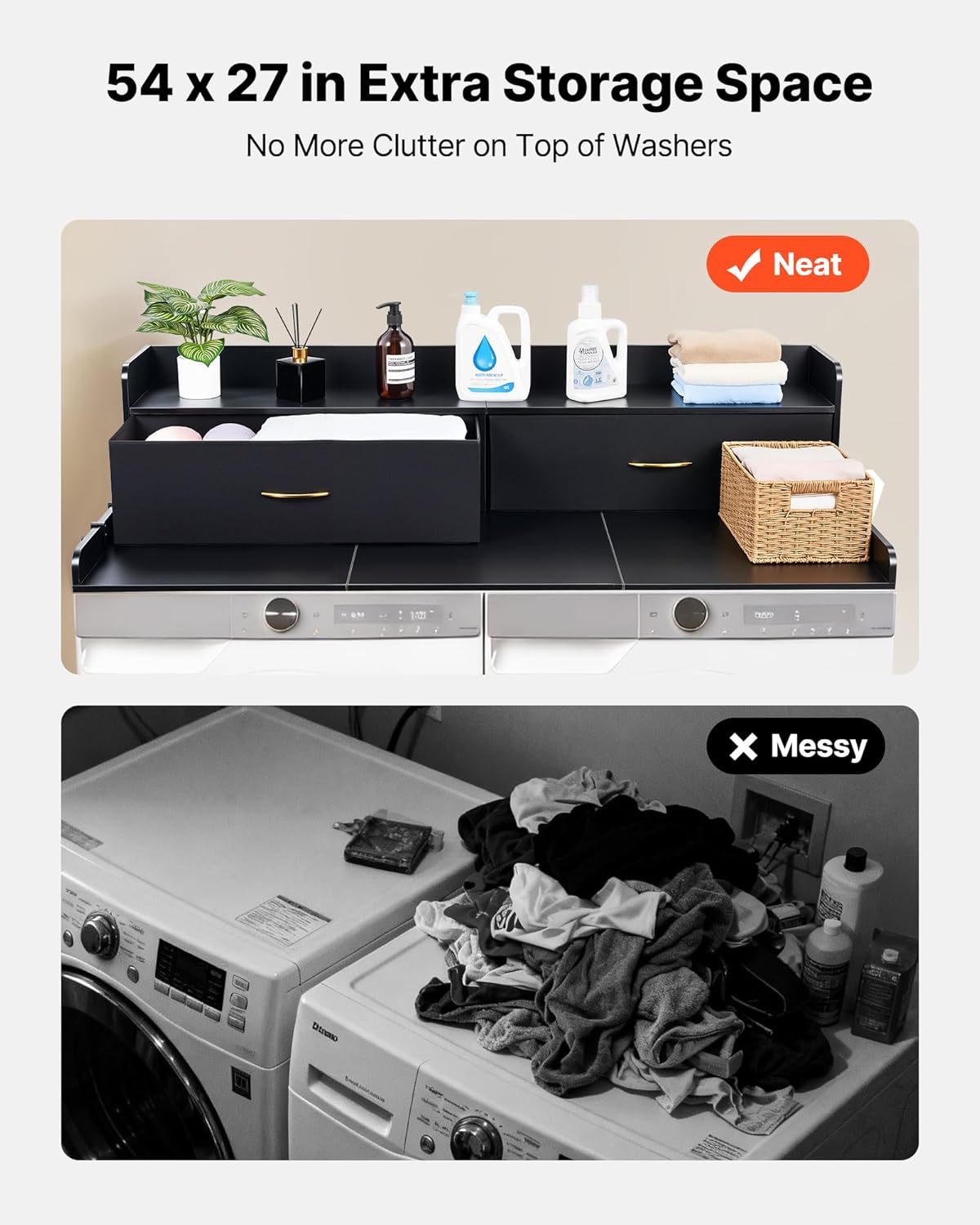 VEVOR Washer Dryer Countertop with 2-Tier Shelf, 54" x 27" Wooden Washer and Dryer Countertop with Anti-Slip Pads, Water-Resistant Laundry Topper Cover for Laundry Room Organization and Storage, Black