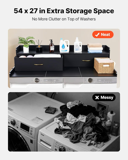 VEVOR Washer Dryer Countertop with 2-Tier Shelf, 54" x 27" Wooden Washer and Dryer Countertop with Anti-Slip Pads, Water-Resistant Laundry Topper Cover for Laundry Room Organization and Storage, Black