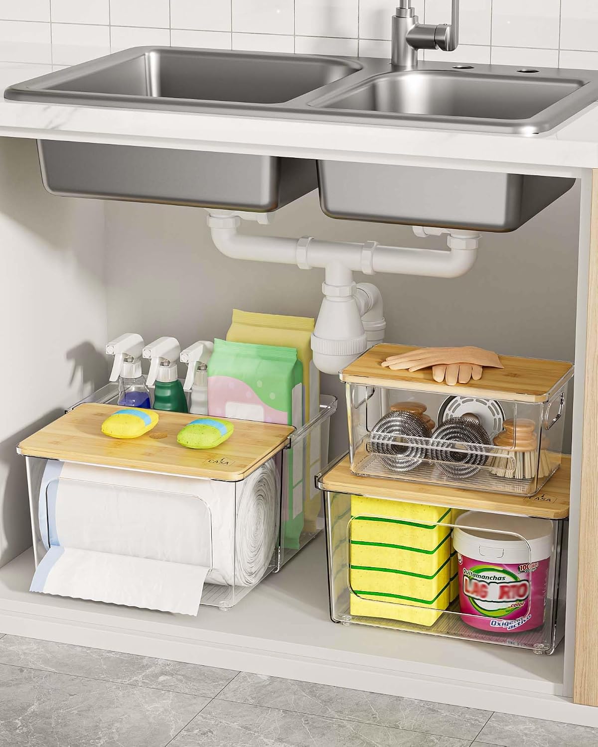 iCASA Trash Bag and Dishwasher Pod Dispenser - 3 in 1 Clear Storage Bins Holder for 13/30/33 Gallon Garbage Bags, Laundry Detergent Pods & Tabs, Under Sink Organizer for Kitchen and Laundry Room