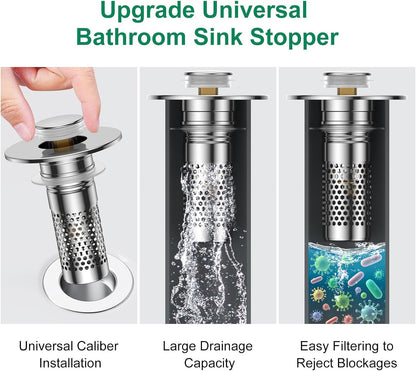 Bathroom Sink Drain Strainer,Universal Pop-Up Sink Stopper Hair Catcher, Anti-Clog Stainless Steel Drain Filter Basket, Removable Sink Drain for Bathroom Sink Stopper (Ysilver-2（with Buckle）)