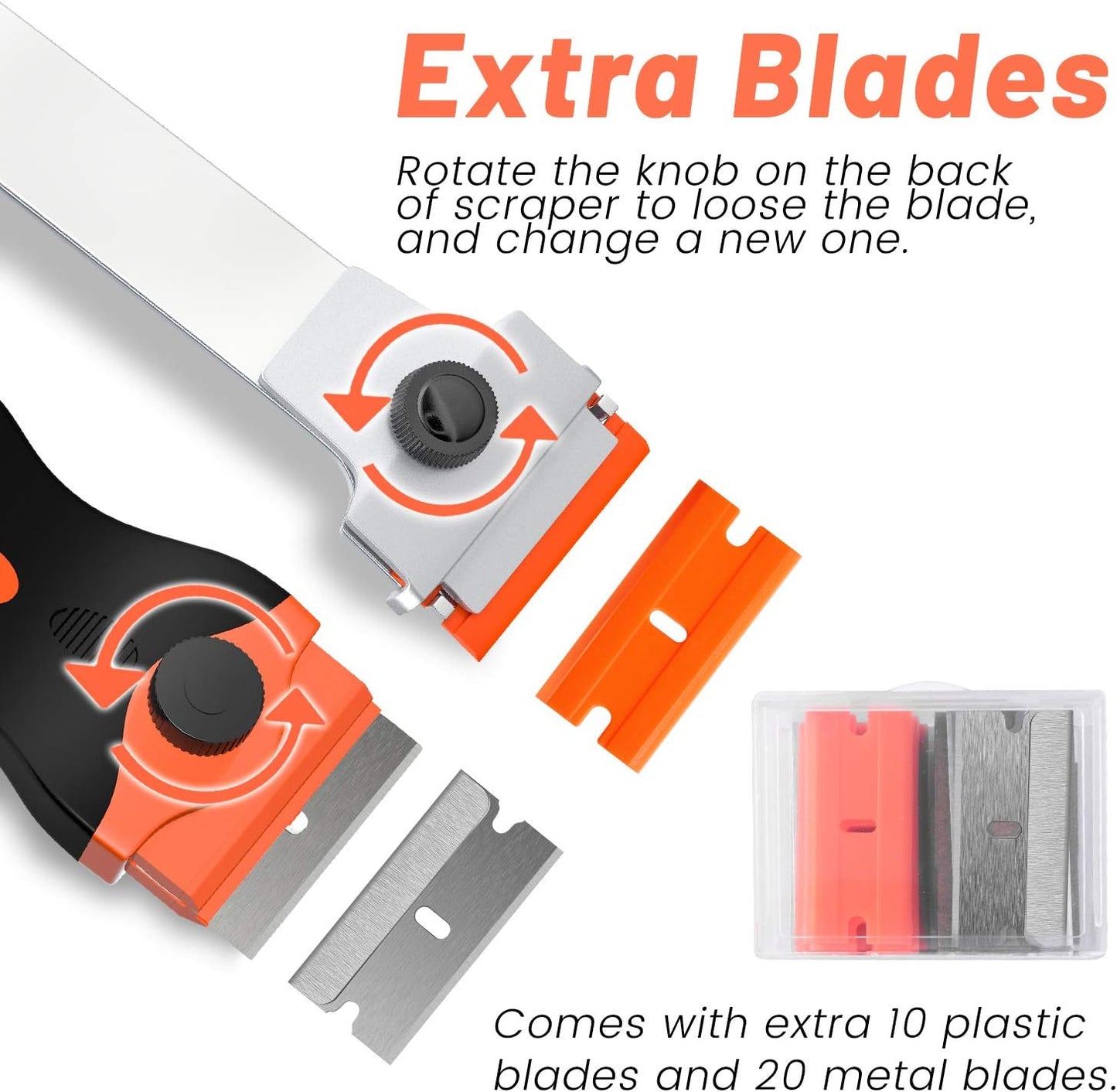 DEKEones Razor Blade Scraper, Long Handled Scraper Tool with 10 Extra Replacement Blades, Razor Scraper Remover for Cleaning Sticker, Paint, Caulk from Window, Car, Glass, Windshield, Stove